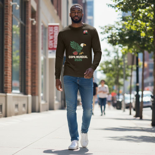 Stylio brown 100% cotton long-sleeve t-shirt with a graphic of an eagle and "COPA MUNDIAL 2026" text.