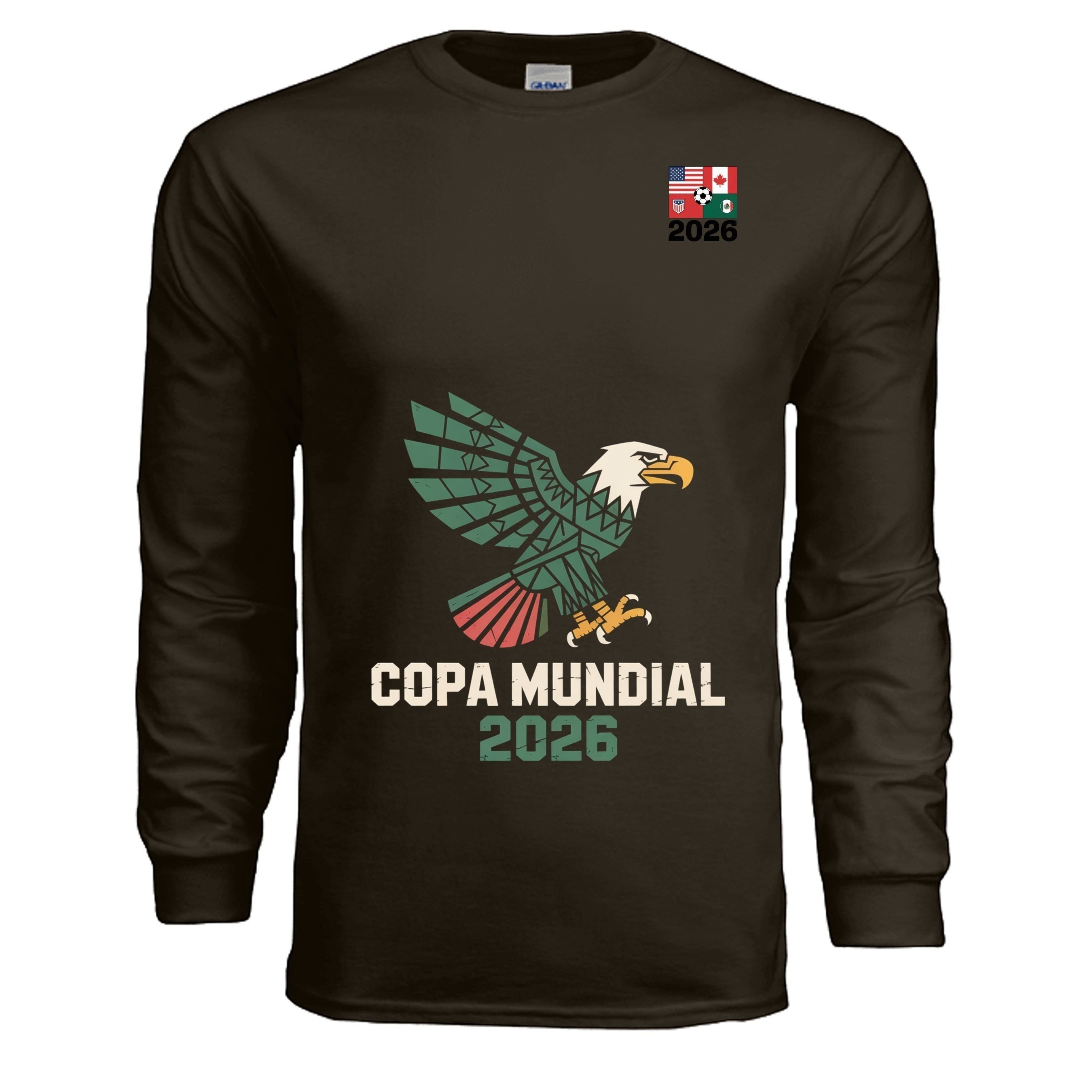 Stylio dark brown 100% cotton long-sleeve t-shirt with a graphic of an eagle and "COPA MUNDIAL 2026" text.