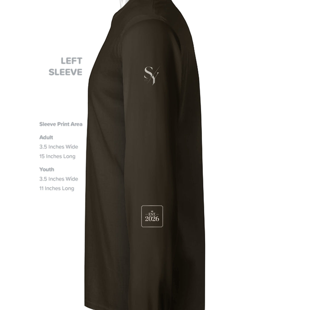 Stylio dark brown 100% cotton long-sleeve t-shirt with ribbed cuffs and a small square logo on the sleeve.