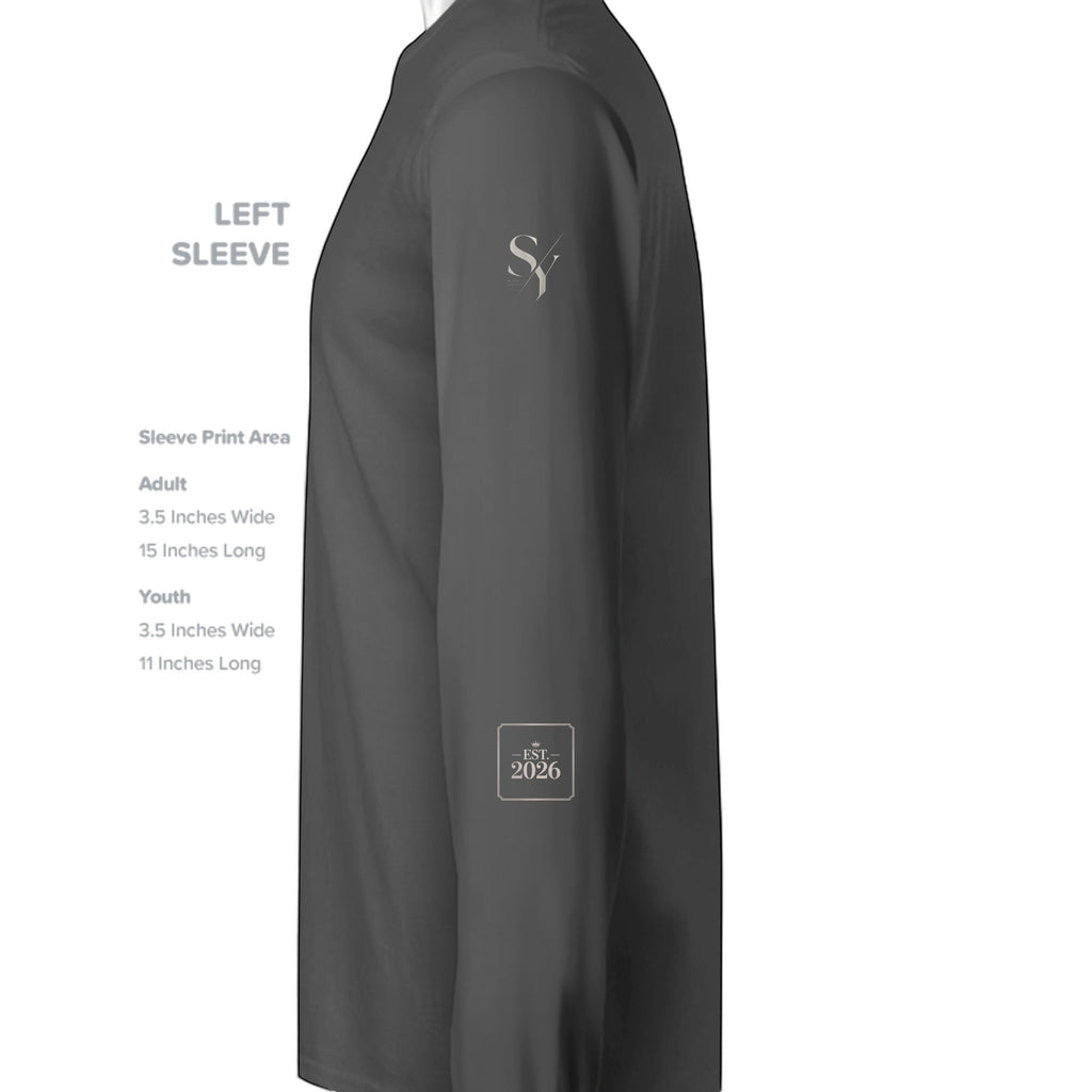 Stylio dark grey 100% cotton long-sleeve t-shirt with crew neck and ribbed cuffs. Features a small logo on the sleeve.