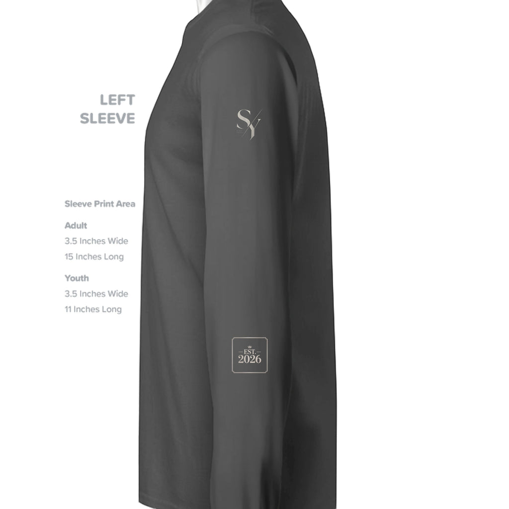 Stylio dark grey 100% cotton long-sleeve t-shirt with crew neck and ribbed cuffs. Features a small logo on the sleeve.