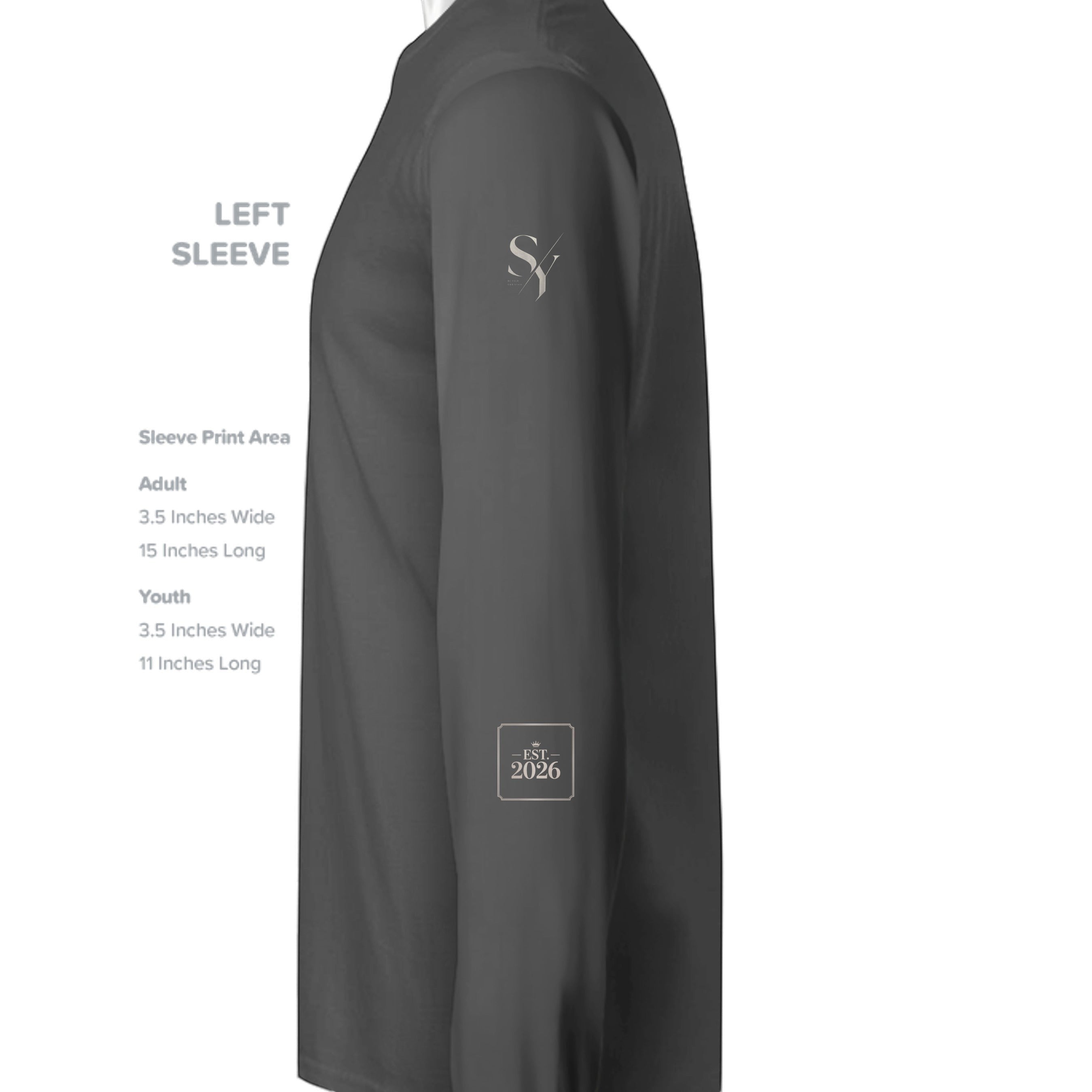 Stylio dark grey 100% cotton long-sleeve t-shirt with crew neck and ribbed cuffs. Features a small logo on the sleeve.