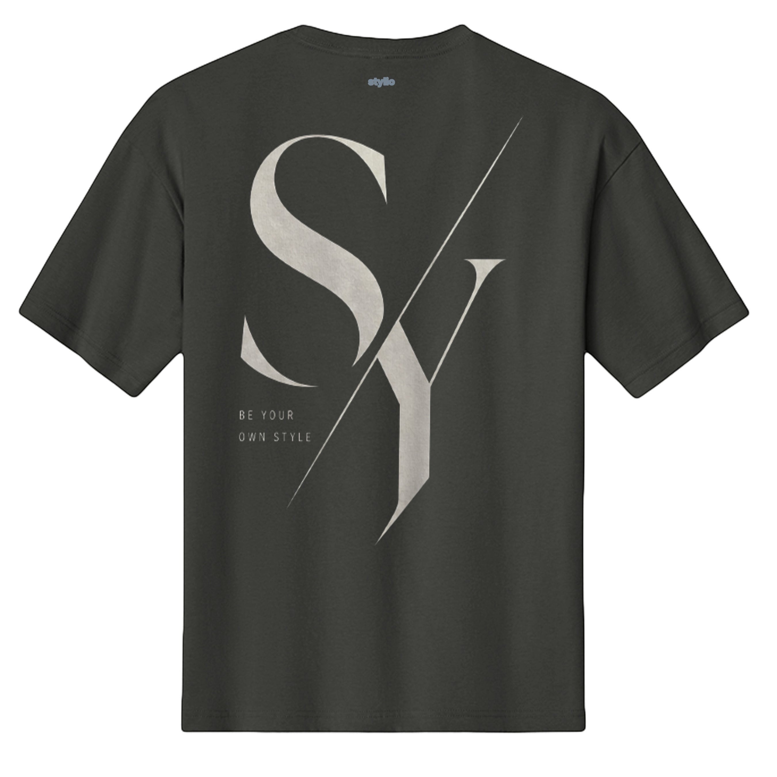 Stylio men's dark grey heavyweight cotton t-shirt with large 'SY' graphic and 'BE YOUR OWN STYLE' text.