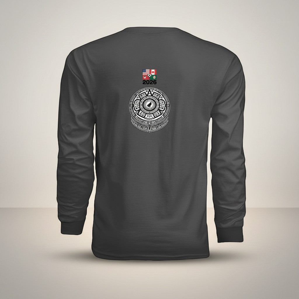 Stylio dark grey 100% cotton long-sleeve t-shirt with a Mayan calendar graphic and 2026 text on the back.