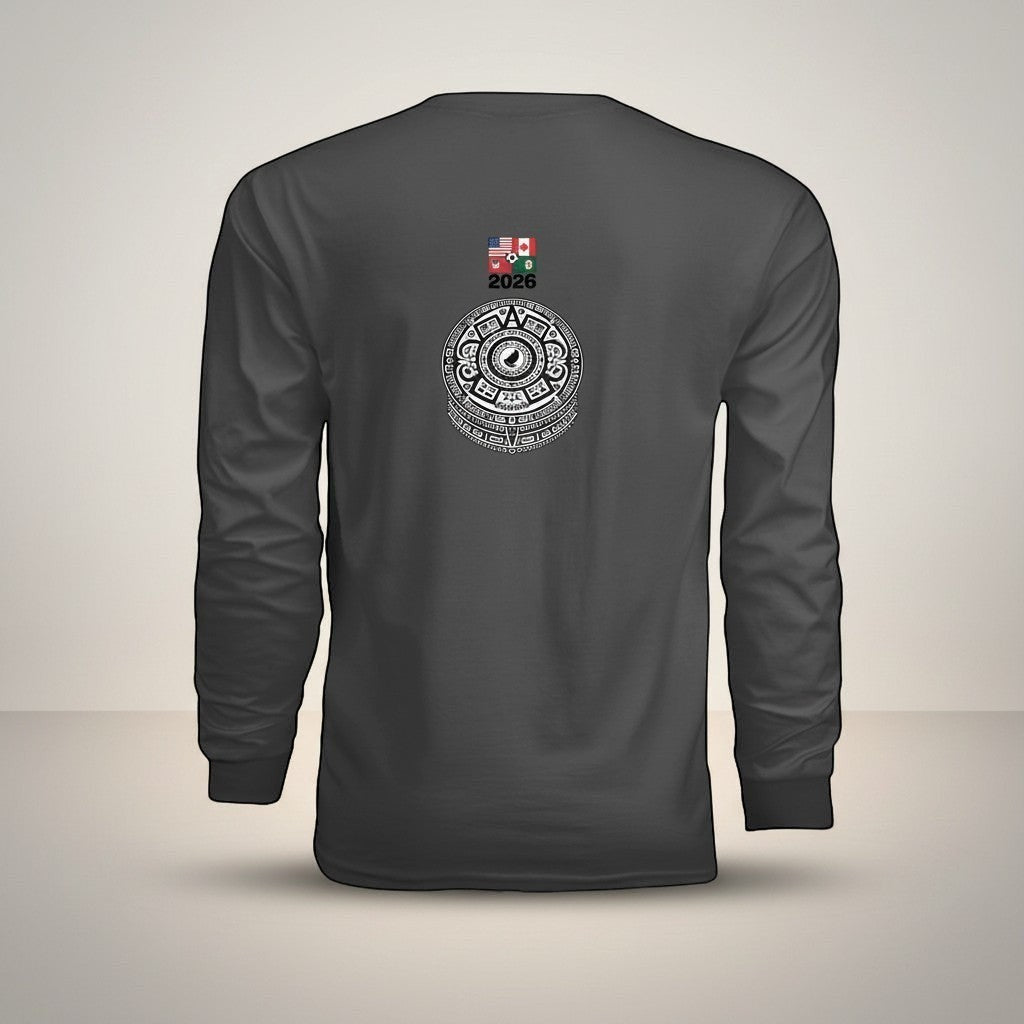 Stylio dark grey 100% cotton long-sleeve t-shirt with a Mayan calendar graphic and 2026 text on the back.