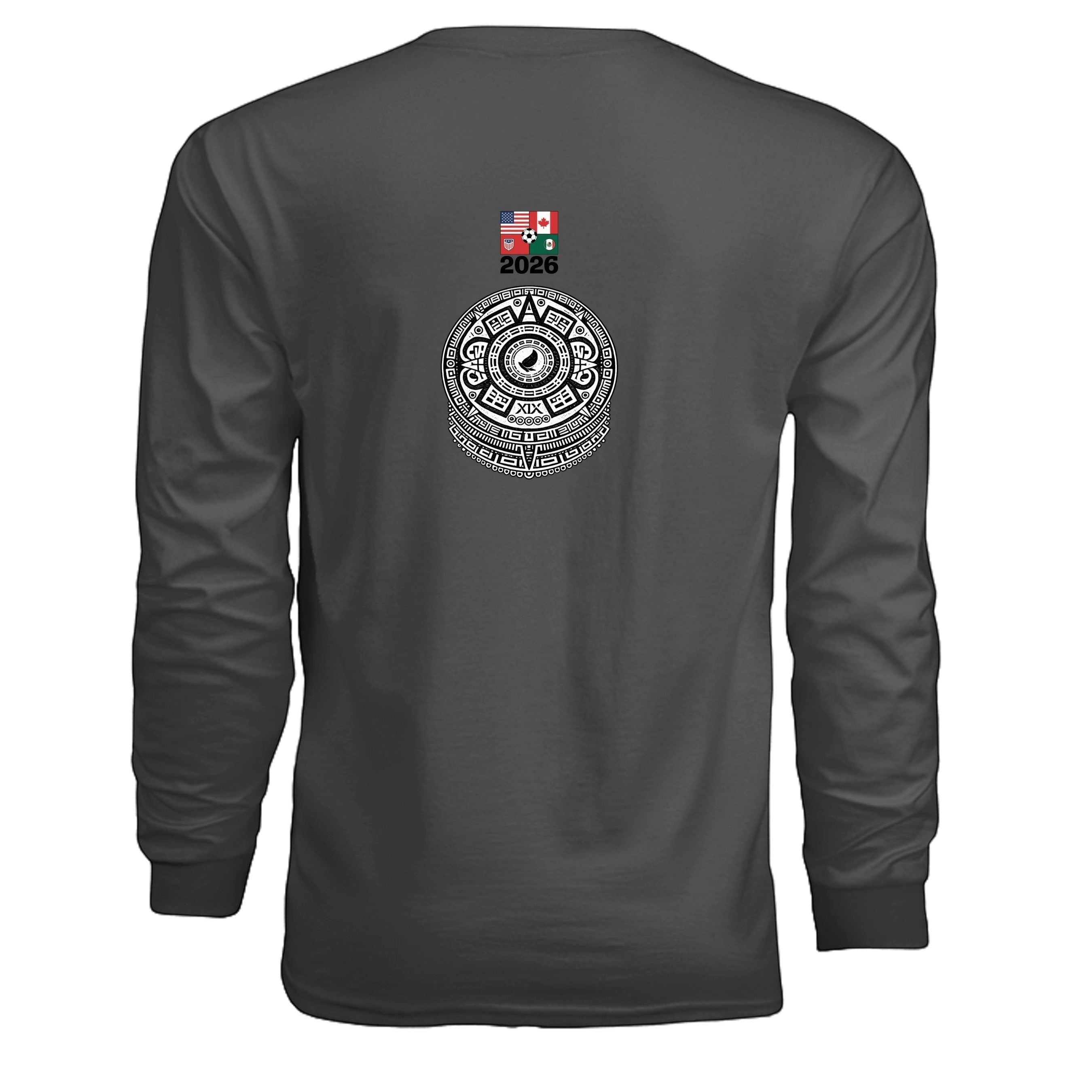 Stylio dark grey 100% cotton long-sleeve t-shirt with a graphic print of the 2026 FIFA World Cup logo and Aztec calendar.
