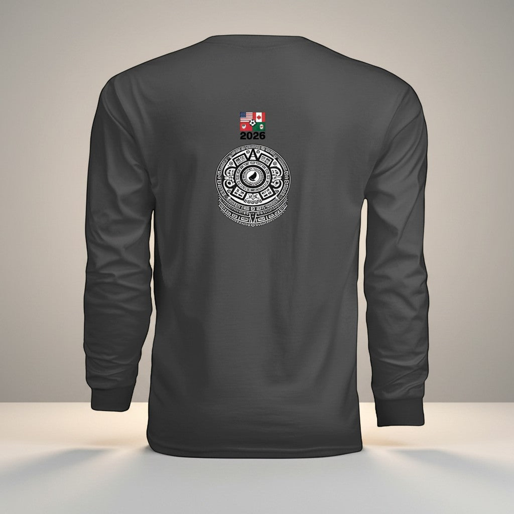 Stylio dark grey 100% cotton long-sleeve t-shirt with a large Aztec calendar graphic and USA, Canada, Mexico flags above the year 2026.