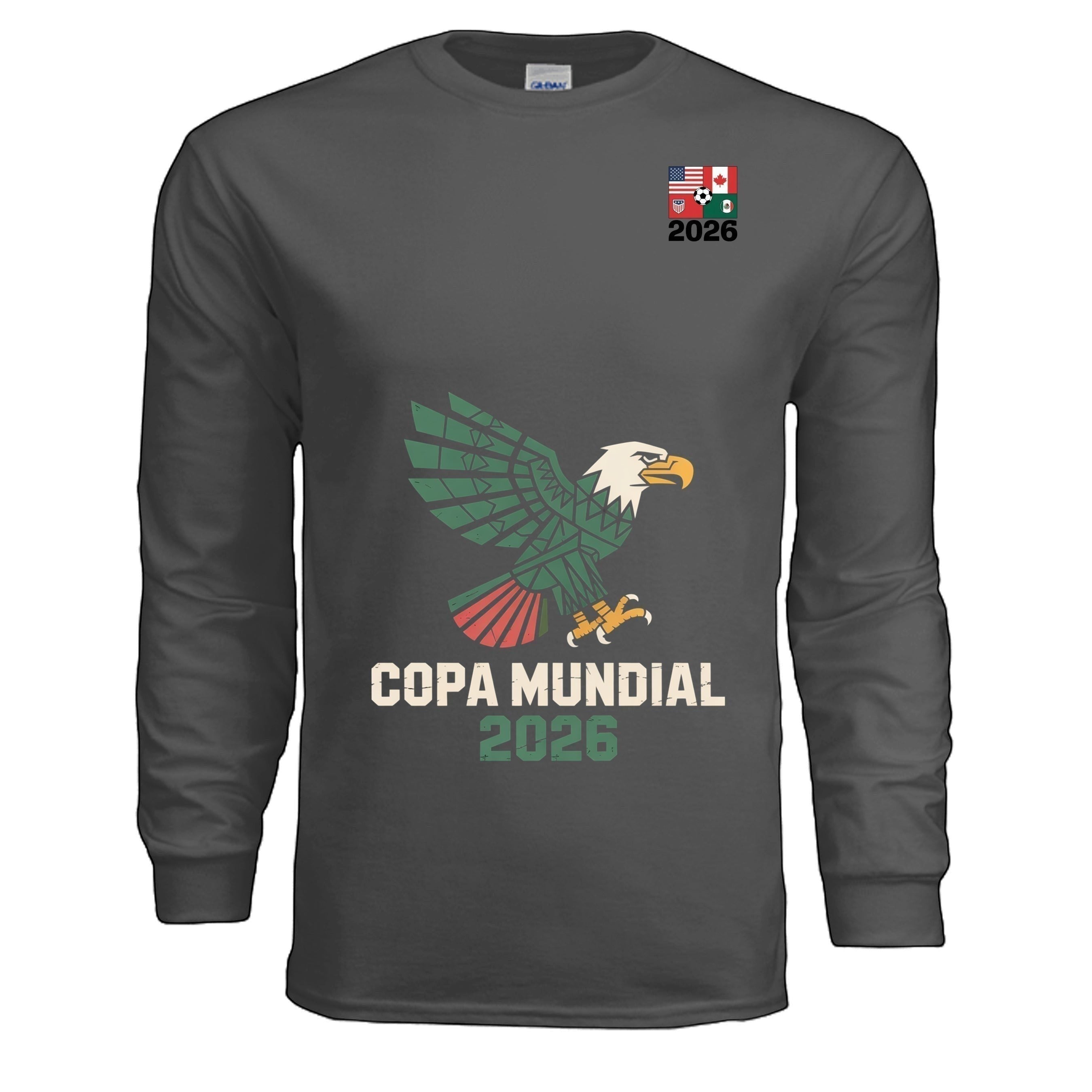 Stylio dark grey 100% cotton long-sleeve t-shirt with a green eagle graphic and "COPA MUNDIAL 2026" text.
