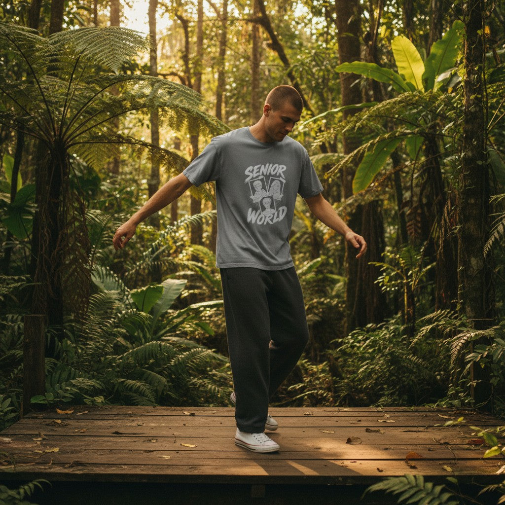 Stylio grey cotton t-shirt with "Senior World" graphic featuring three cartoon portraits in polaroid frames.
