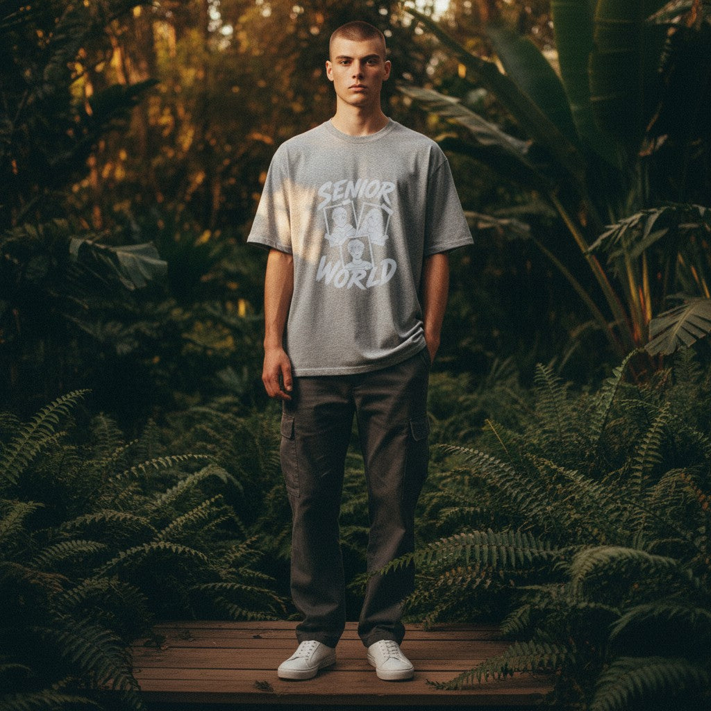Stylio grey heather 100% cotton t-shirt with "Senior World" graphic featuring three portraits.