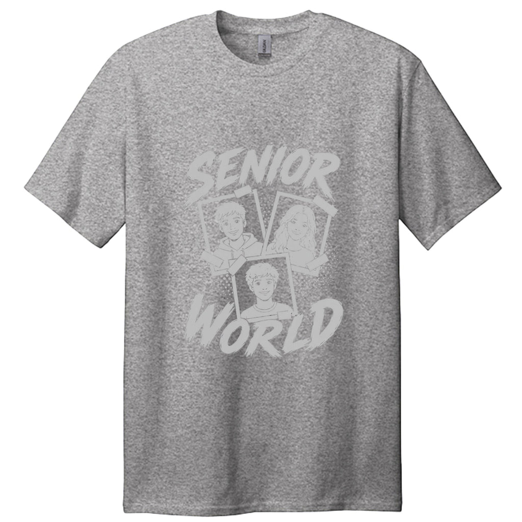 Stylio grey heather cotton t-shirt with "SENIOR WORLD" graphic featuring three portraits in polaroid frames.