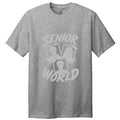 Stylio grey heather cotton t-shirt with "SENIOR WORLD" graphic featuring three portraits in polaroid frames.