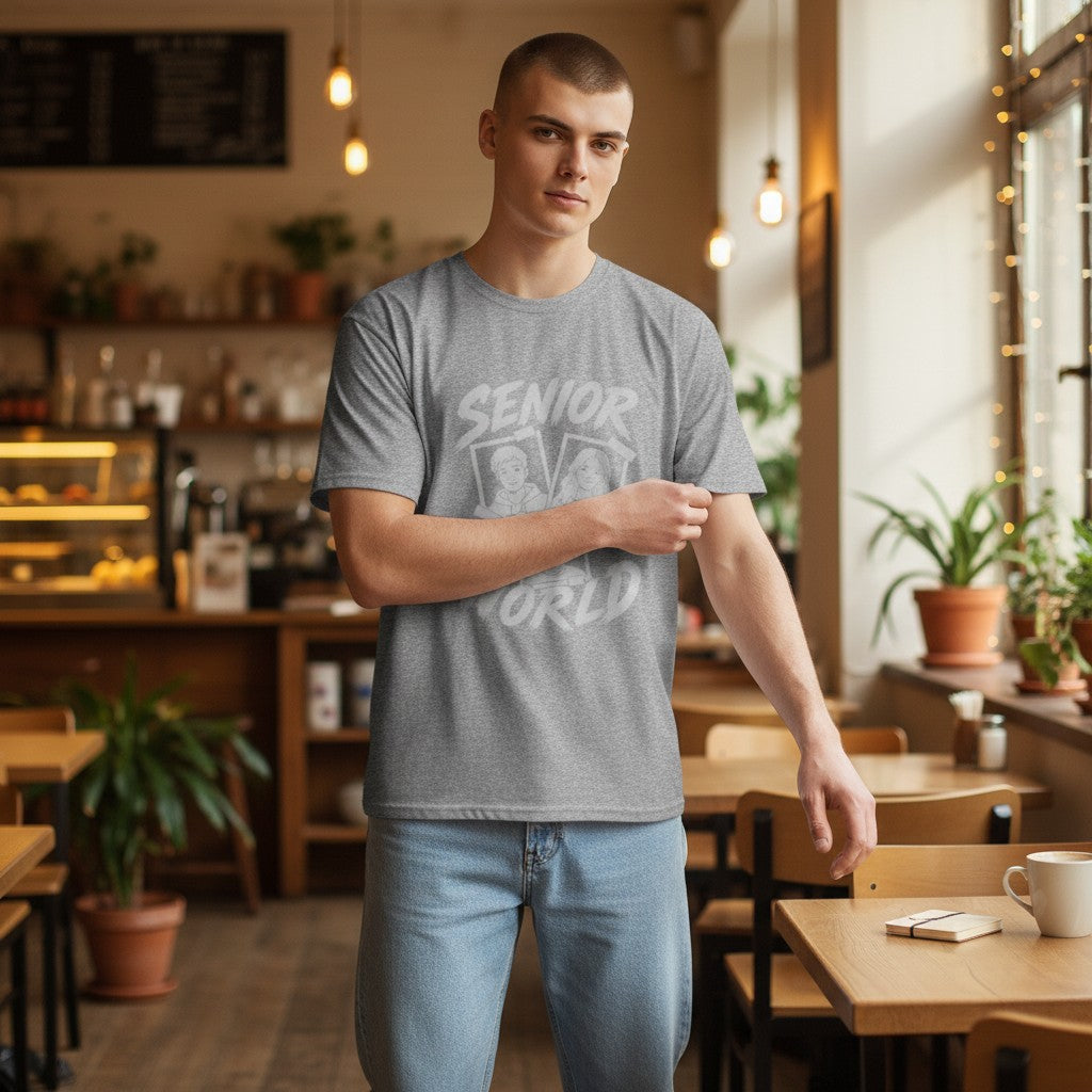 Stylio grey heather t-shirt with "SENIOR WORLD" graphic featuring three portraits in polaroid frames.