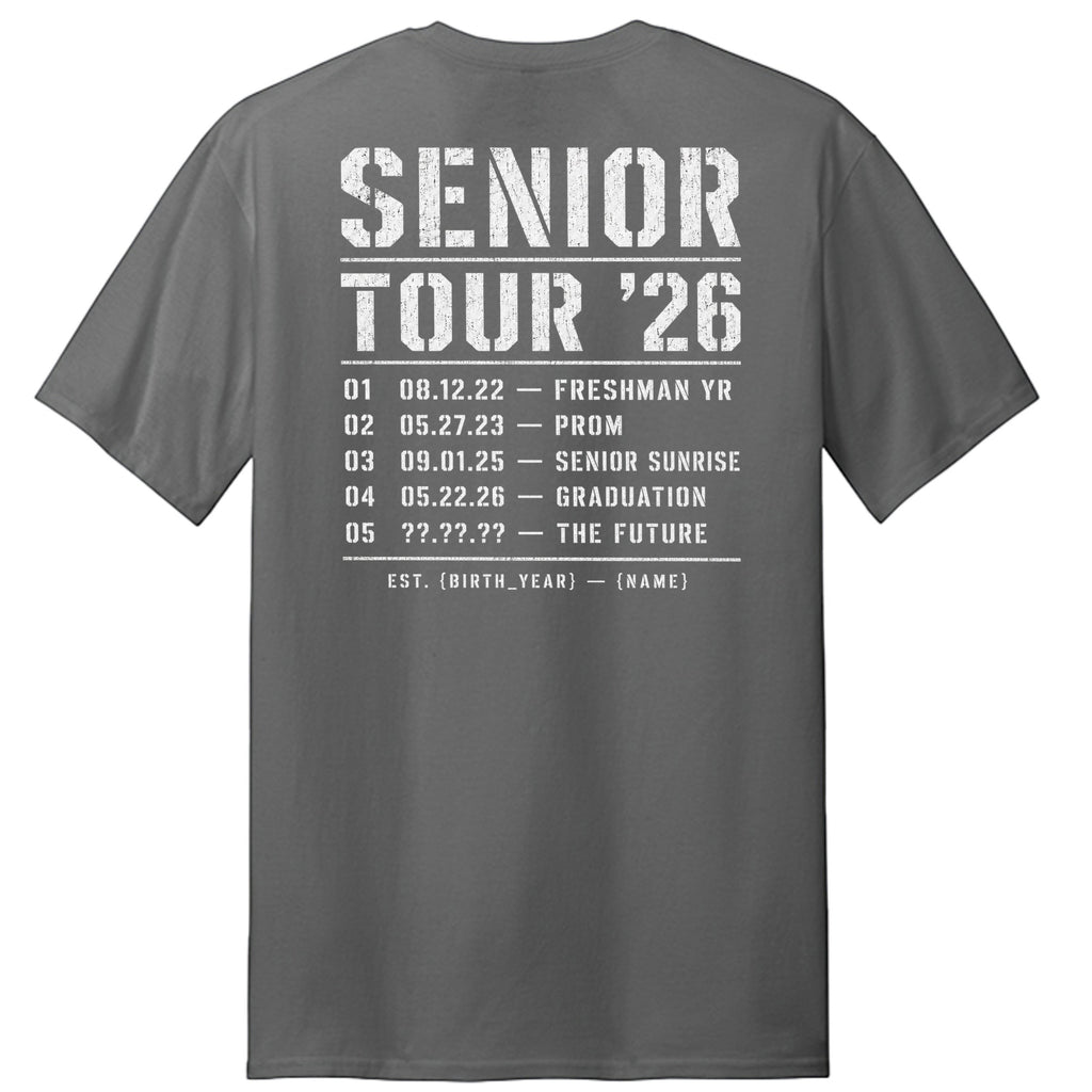 Stylio dark grey 100% cotton t-shirt with "SENIOR TOUR '26" graphic and list of events including Freshman Yr, Prom, Senior Sunrise, Graduation, and The Future.