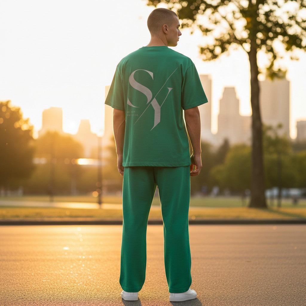 Stylio green 100% polyester t-shirt with large "SY" graphic and "BE YOUR OWN STYLE" text on back.