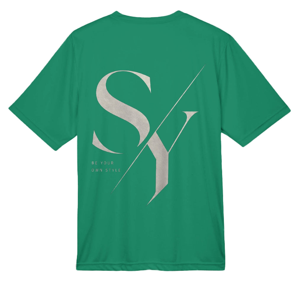 Stylio green 100% polyester t-shirt with large "SY" graphic and "BE YOUR OWN STYLE" text.