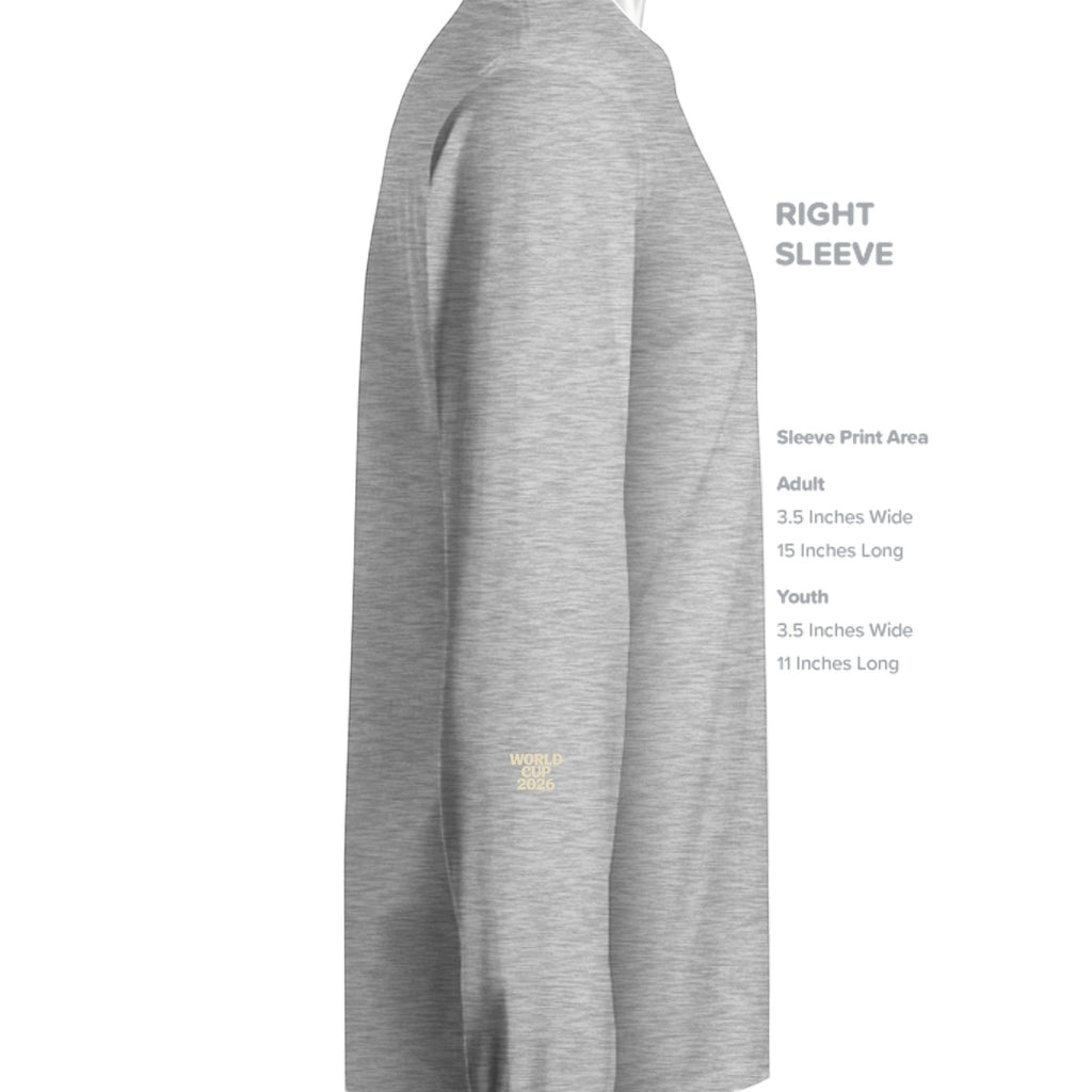 Stylio Gildan G240 grey cotton long-sleeve t-shirt with "WORLD CUP 2026" printed on the sleeve.
