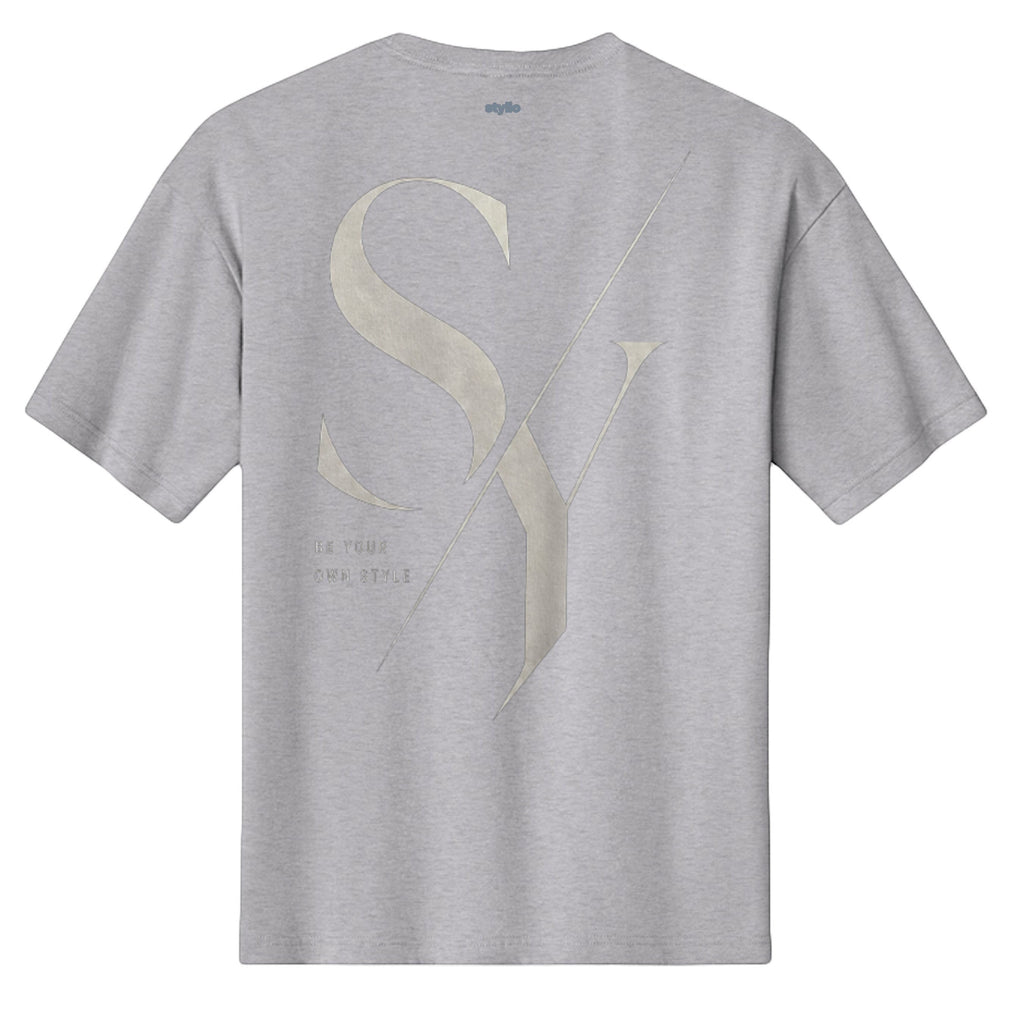 Stylio men's light grey heavyweight cotton t-shirt with large 'SY' graphic and 'BE YOUR OWN STYLE' text on back.