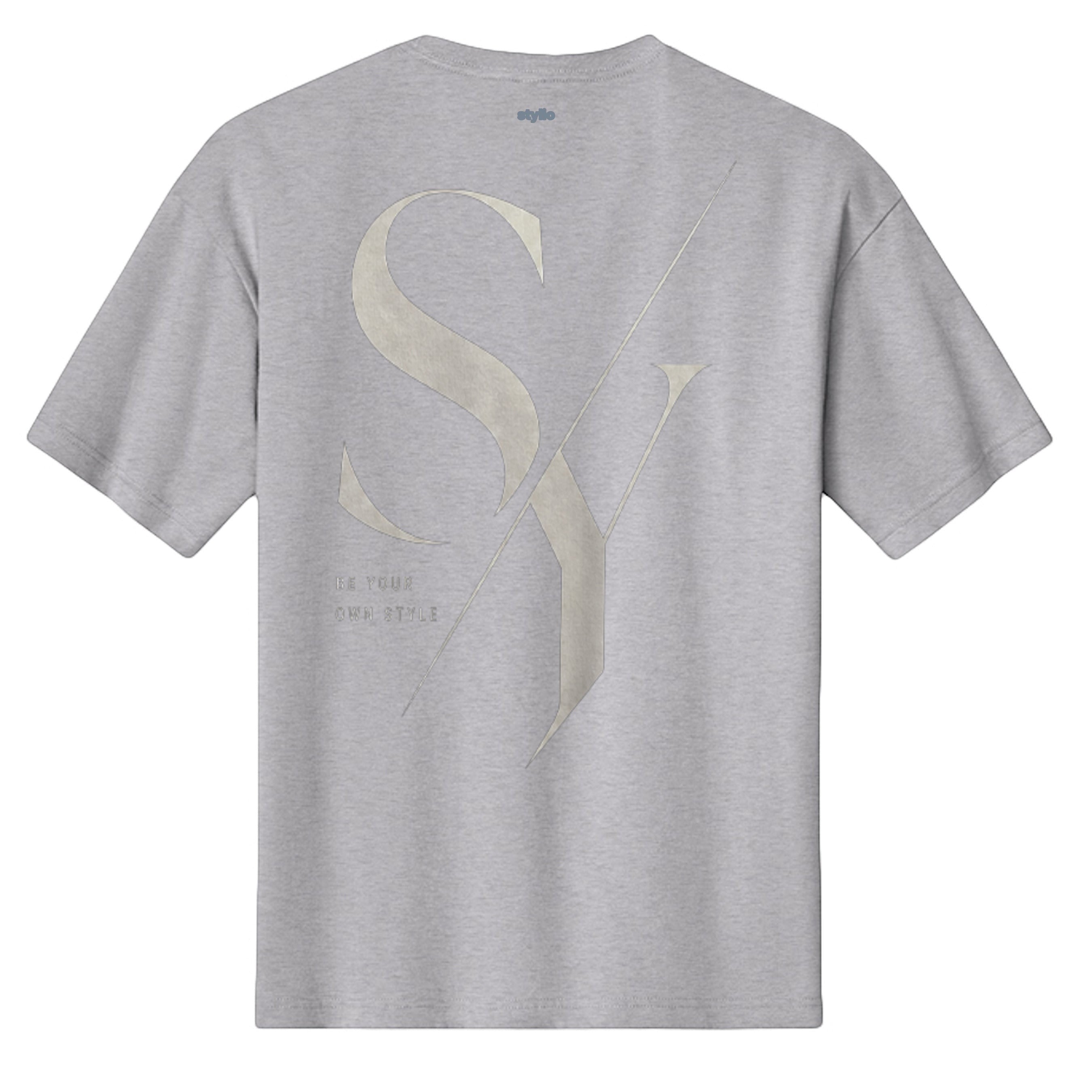 Stylio men's light grey heavyweight cotton t-shirt with large 'SY' graphic and 'BE YOUR OWN STYLE' text on back.