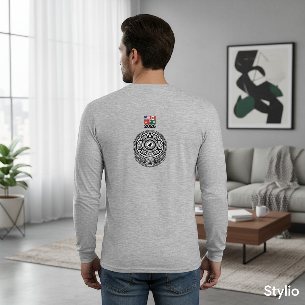 Stylio light grey 100% cotton long-sleeve t-shirt with a graphic print of a Mayan calendar and flags of USA, Canada, and Mexico with the year 2026.