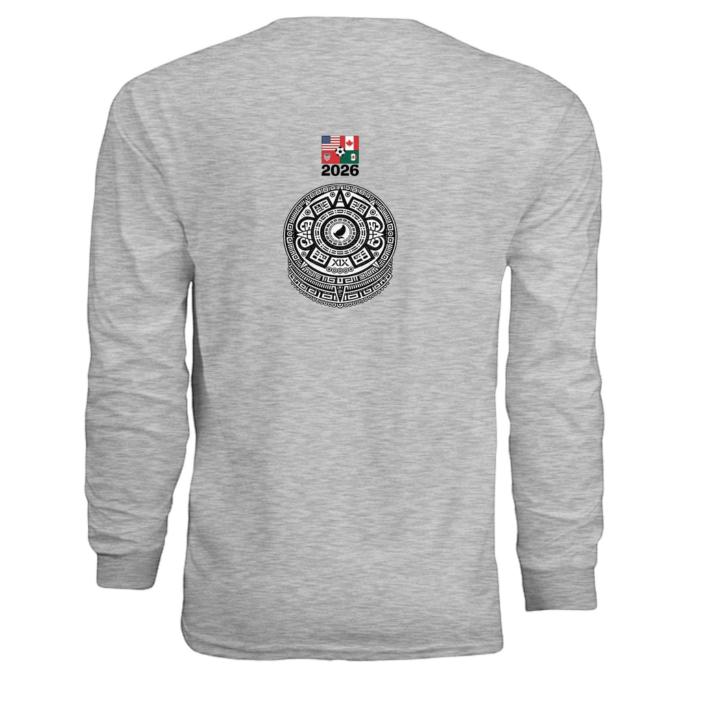 Stylio grey 100% cotton long-sleeve t-shirt with 2026 graphic featuring flags and Aztec calendar design.