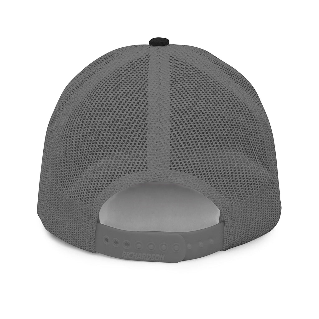Stylio grey trucker cap with breathable mesh back and adjustable snapback closure.