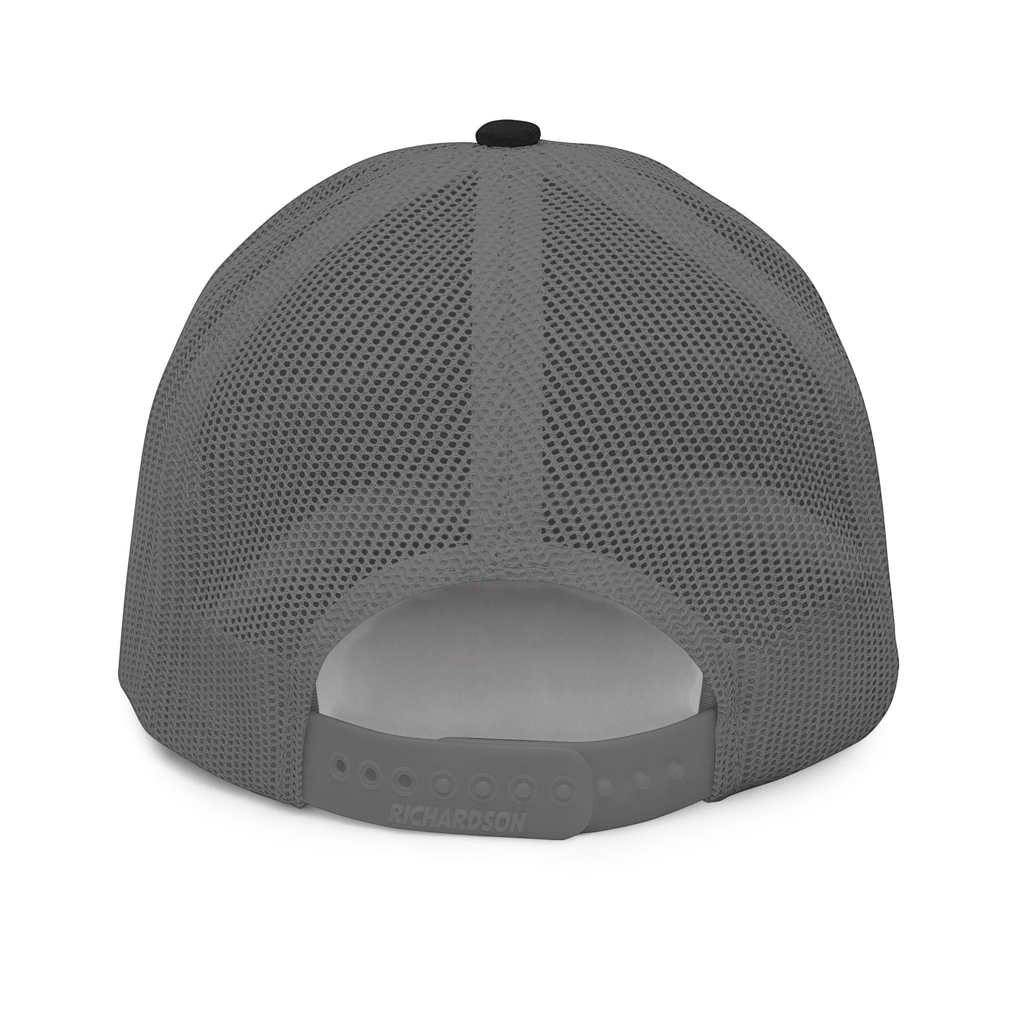 Stylio grey trucker cap with breathable mesh back and adjustable snapback closure.