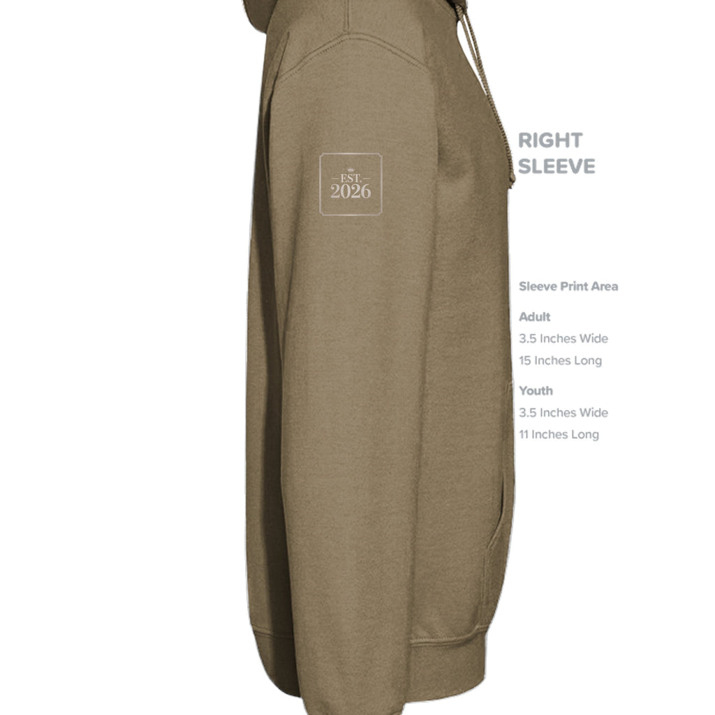 Stylio khaki brown NuBlend fleece hoodie with "EST. 2026" logo on the left sleeve.