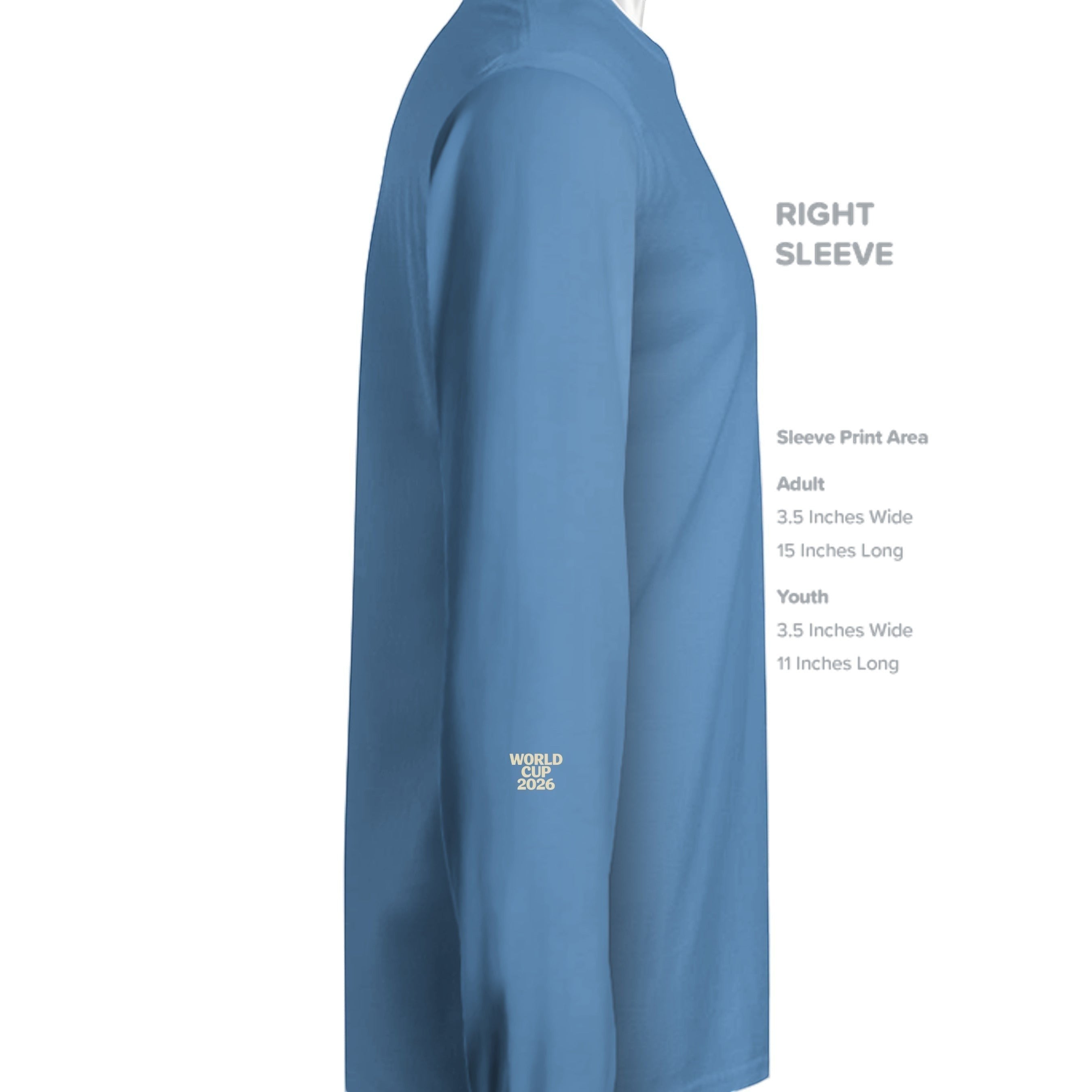 Stylio Gildan G240 light blue 100% cotton long-sleeve t-shirt with "WORLD CUP 2026" printed on the left sleeve.