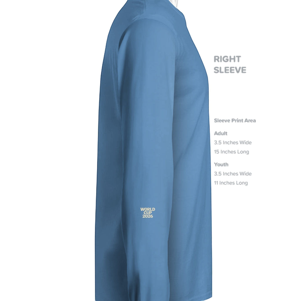 Stylio Gildan G240 light blue 100% cotton long-sleeve t-shirt with "WORLD CUP 2026" printed on the left sleeve.