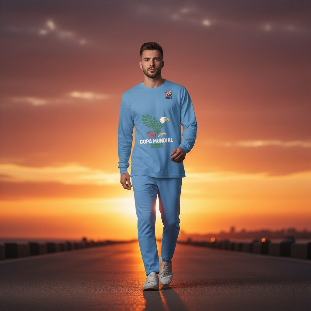 Stylio light blue 100% cotton long-sleeve t-shirt with an eagle graphic and "COPA MUNDIAL 2026" text.
