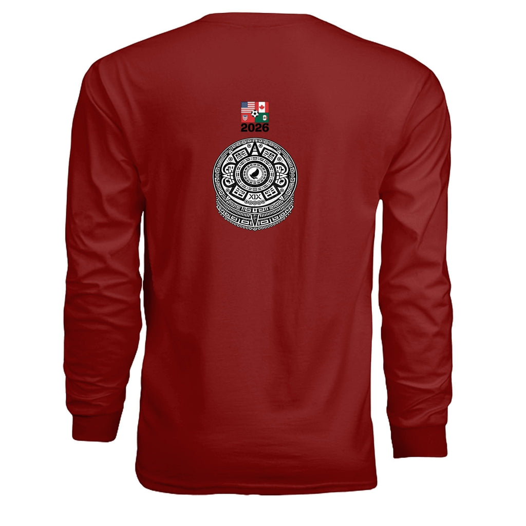 Stylio maroon 100% cotton long-sleeve t-shirt with a graphic print of the 2026 FIFA World Cup logo and flags of USA, Mexico, and Canada on the back.