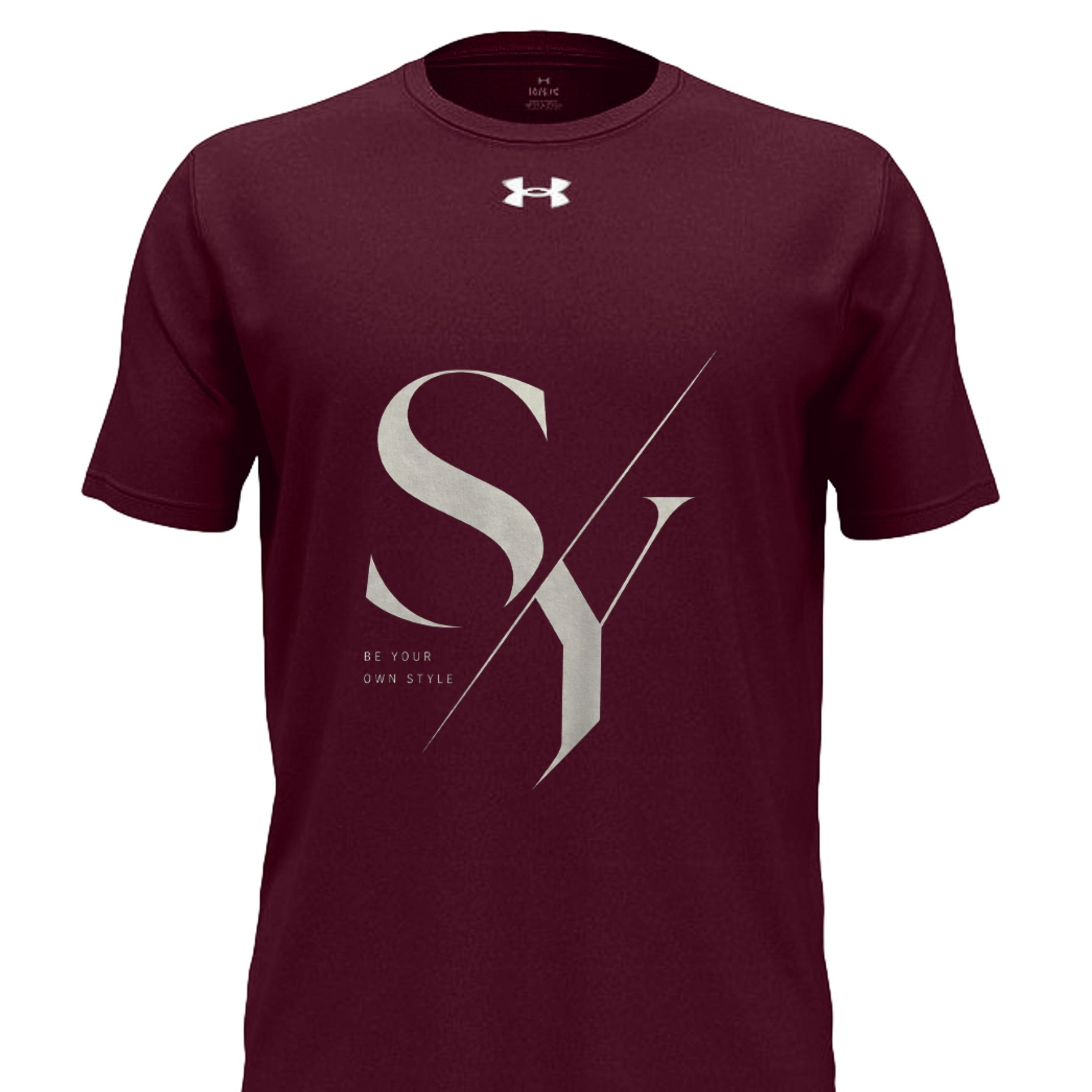 Stylio x Under Armour maroon recycled polyester t-shirt with large "SY" graphic and "BE YOUR OWN STYLE" text.