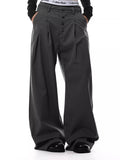 Stylio men's charcoal grey pinstripe wide-leg pants with button-front closure and pockets. Polyester-spandex blend.