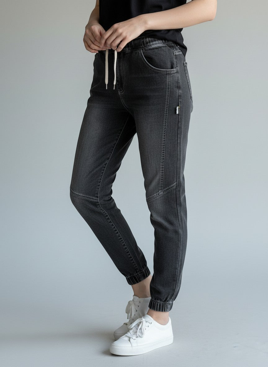 Stylio men's dark grey washed denim jeans with drawstring waist and elastic cuffs. Relaxed fit, 100% cotton.