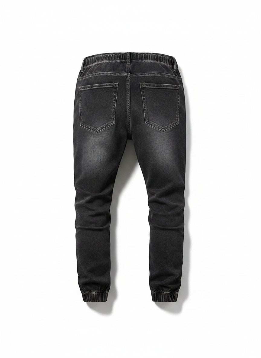 Stylio men's dark grey washed denim jeans with drawstring waist and elastic cuffs. Loose fit, 100% cotton.