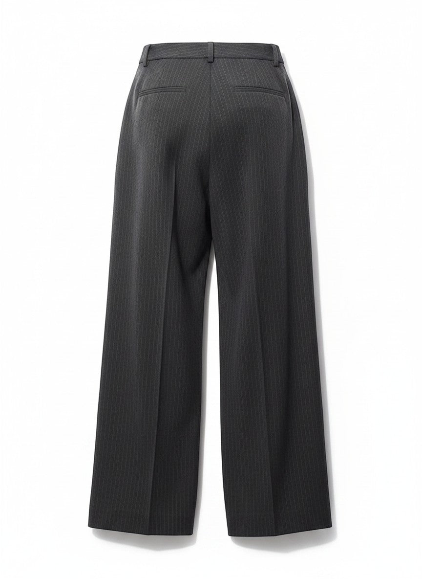 Stylio men's dark grey pinstripe wide leg pants with button front and pockets. Made of polyester and spandex blend.