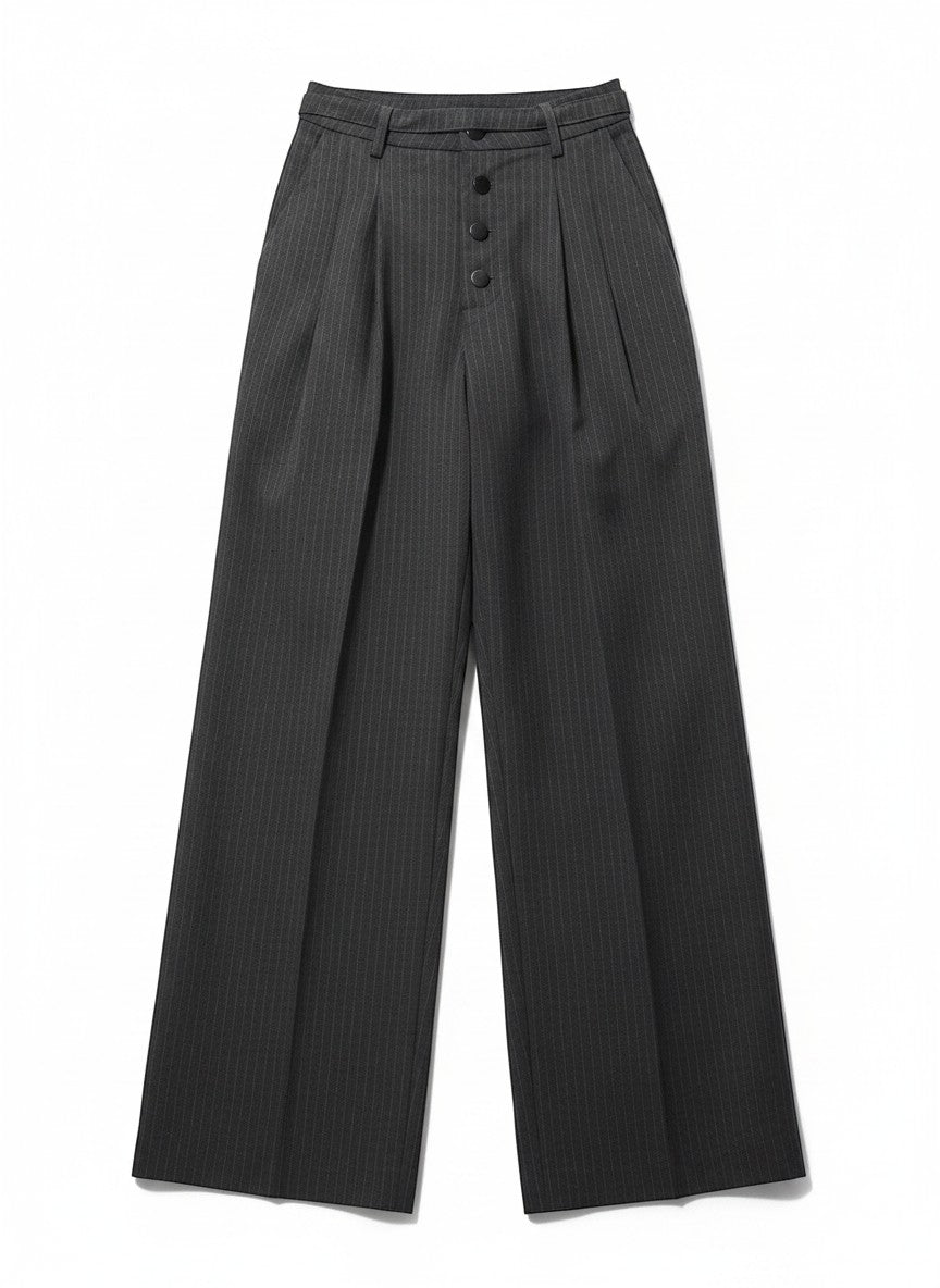 Stylio men's dark grey pinstripe wide-leg pants with button-front closure and pockets. Made from polyester and spandex blend.