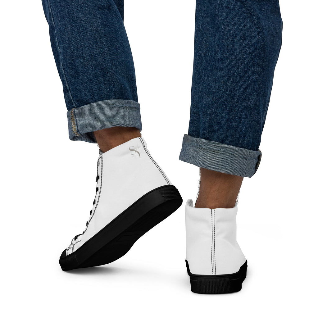 Stylio Men's white canvas high top shoes with black soles and laces, featuring a faux leather toe cap.