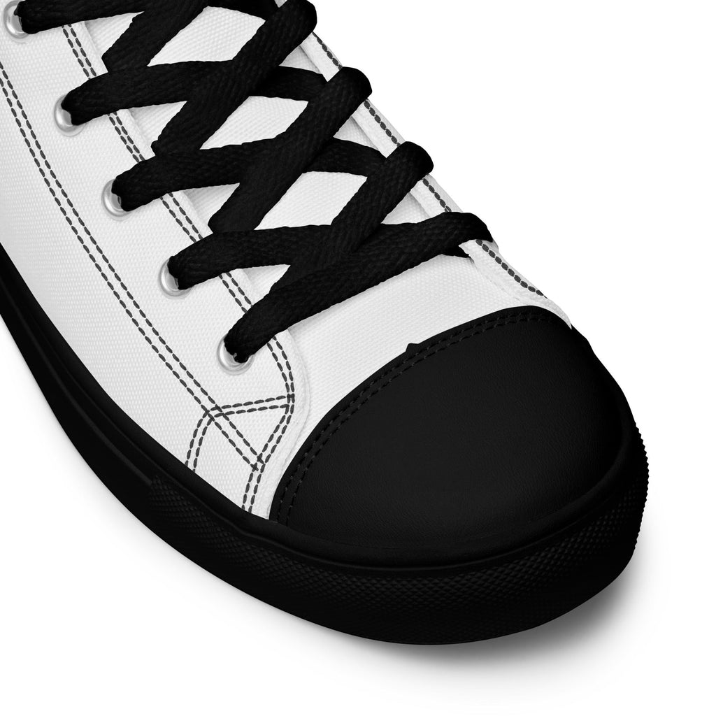 Stylio men's white canvas high top shoes with black laces, black toe cap, and black sole.