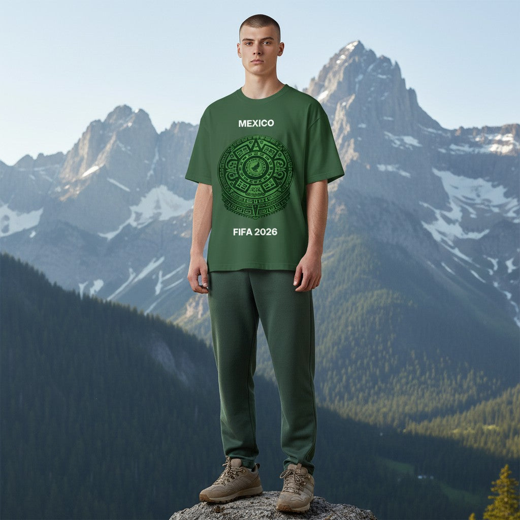 Stylio Mexico T-Shirt in dark green, 100% polyester with Aztec calendar graphic and FIFA 2026 text.