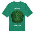 Stylio green polyester t-shirt with Mexico and FIFA 2026 text and Aztec calendar graphic.