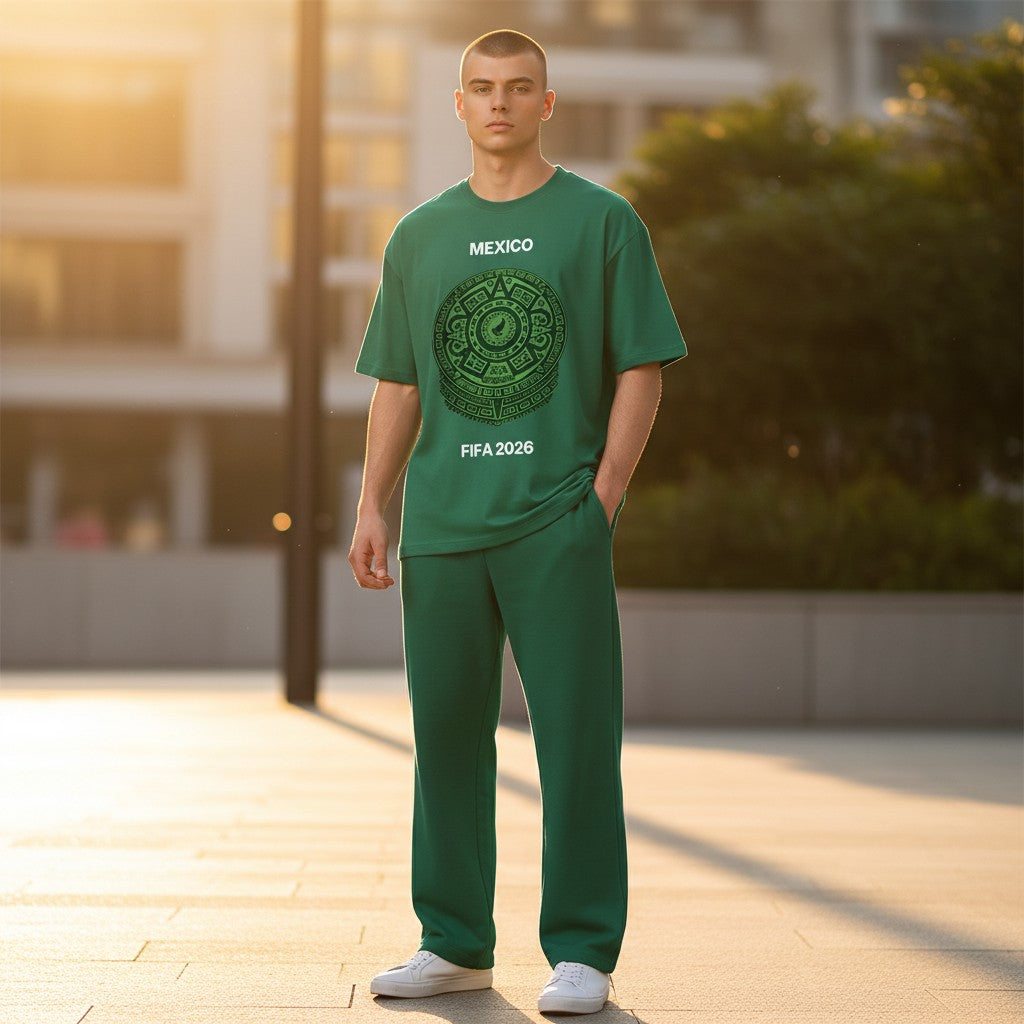 Stylio green polyester t-shirt with Mexico Aztec calendar graphic and FIFA 2026 text.