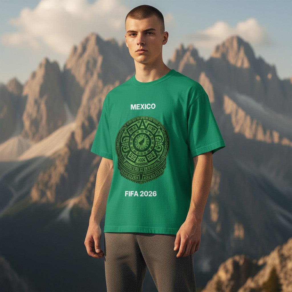 Stylio green polyester t-shirt with Mexico and FIFA 2026 graphics, featuring an Aztec calendar design.