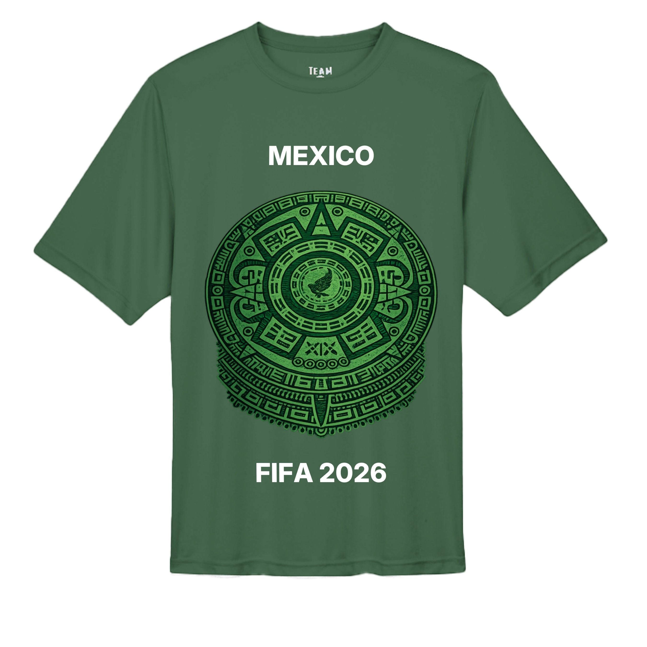 Stylio dark green polyester t-shirt with Mexico Aztec calendar graphic and FIFA 2026 text.