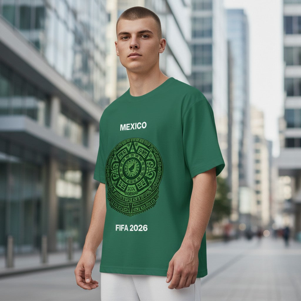 Stylio green polyester t-shirt with Mexico Aztec calendar graphic and FIFA 2026 text.