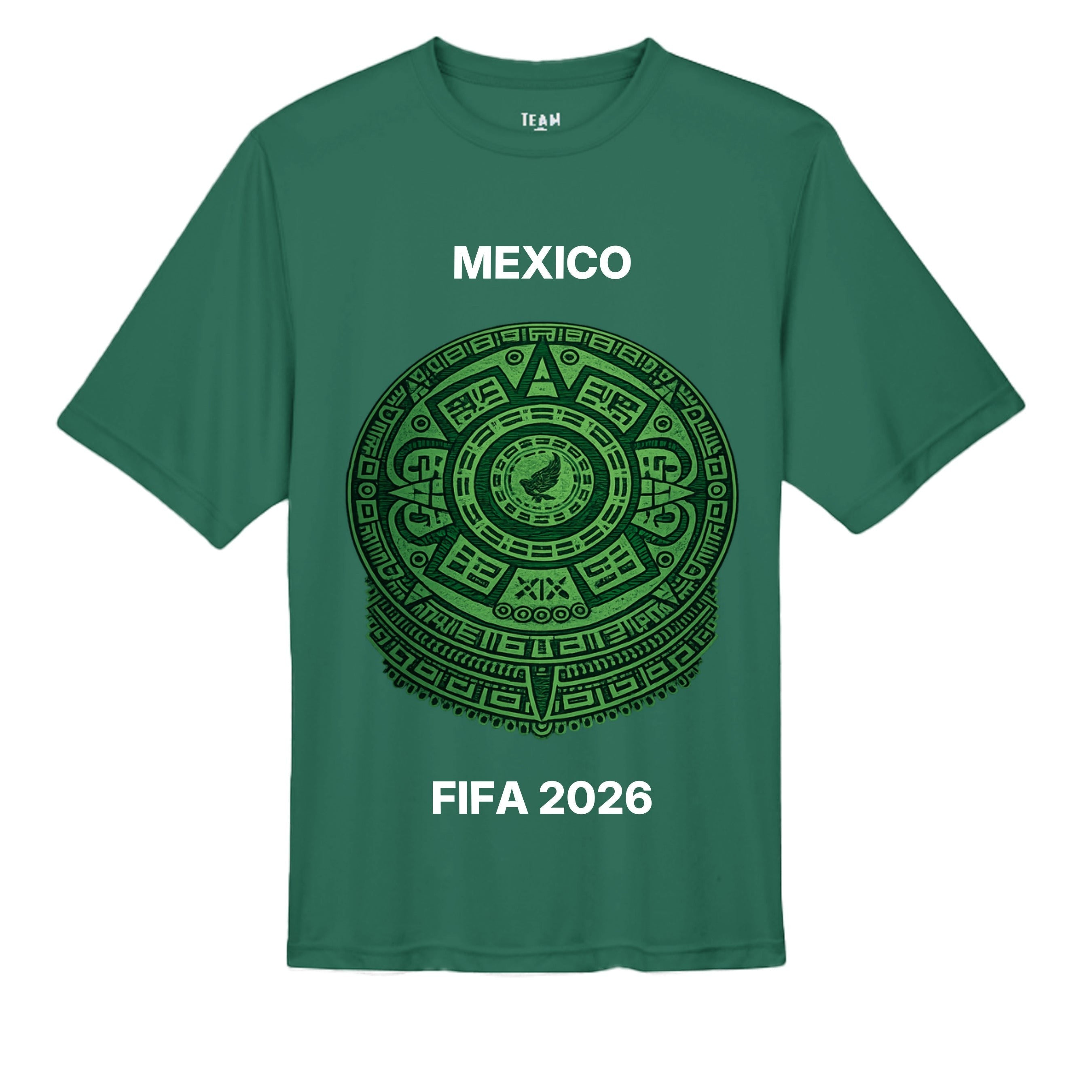 Stylio green performance t-shirt with Mexico Aztec calendar graphic and FIFA 2026 text.