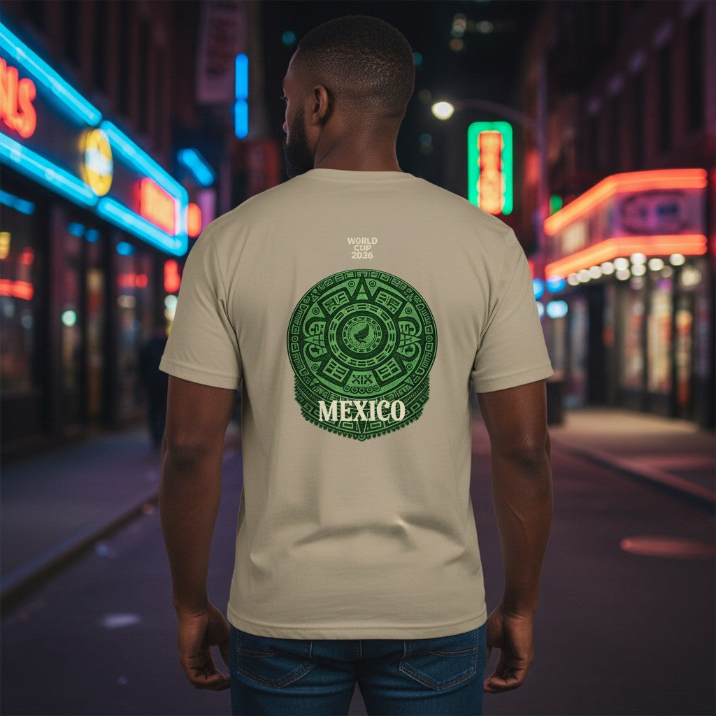 Stylio tan t-shirt with green Aztec-inspired graphic and "WORLD CUP 2026 MEXICO" text on back.