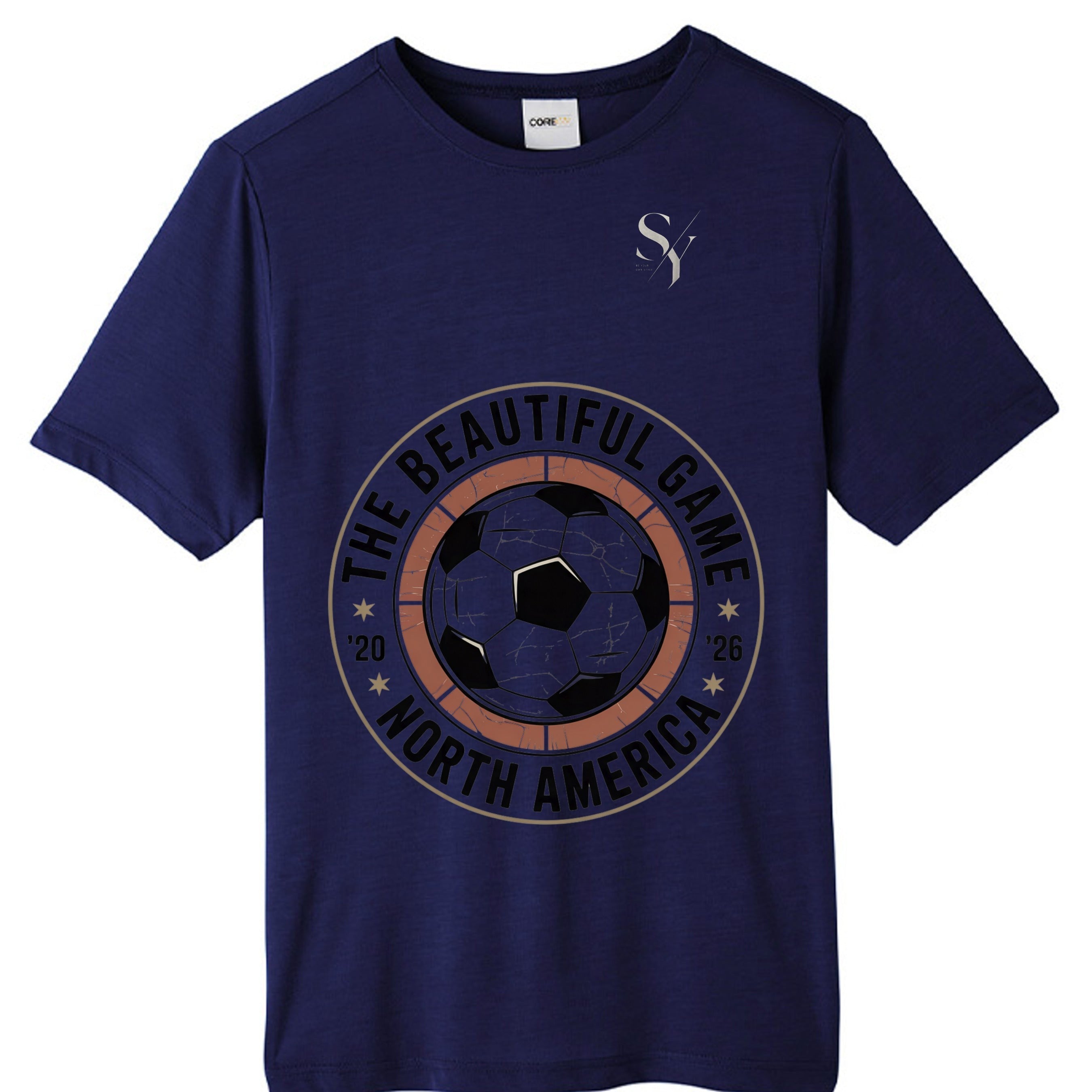Stylio navy blue men's tall performance t-shirt with moisture-wicking ChromaSoft™ polyester and a graphic of a soccer ball with text 'The Beautiful Game North America'.