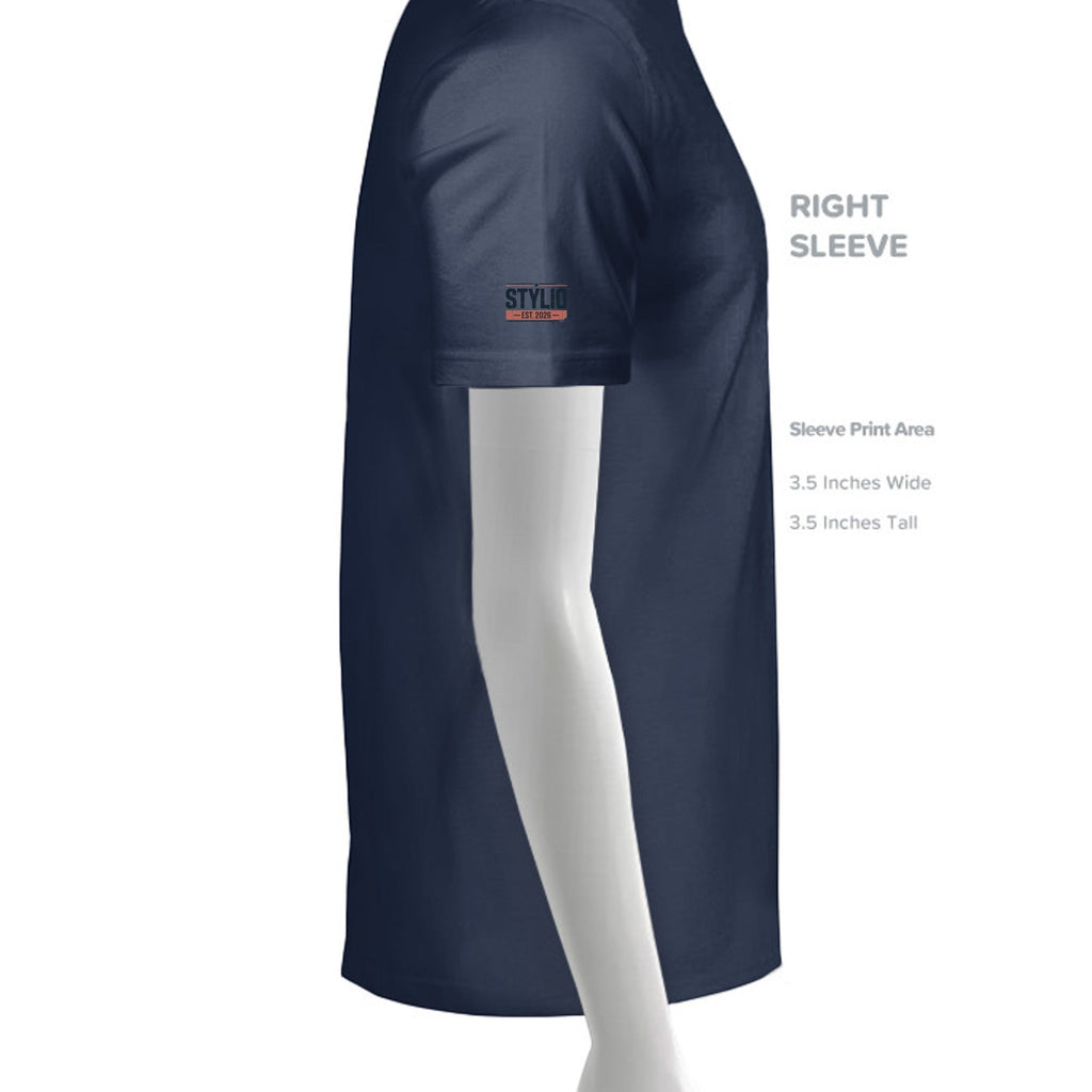 Stylio men's tall navy blue performance t-shirt made of moisture-wicking polyester with a small logo on the sleeve.